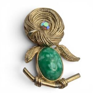 Vintage Green Cabochon Bird Brooch AB Rhinestone Gold Tone